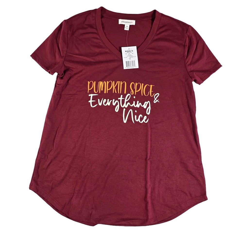 Freshman Brand Pumpkin Spice Everything Nice V-Neck Graphic T-Shirt XS Burgundy